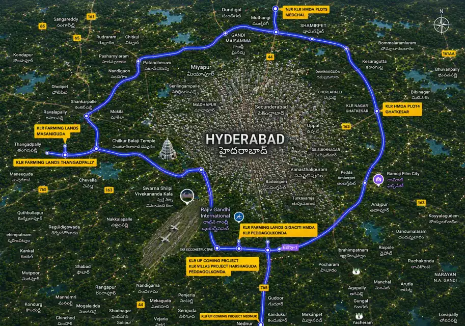 Map showing KLR Projects locations across Hyderabad - Medchal, Ghatkesar, Airport Corridor, Pedda Golconda and Sanghiguda